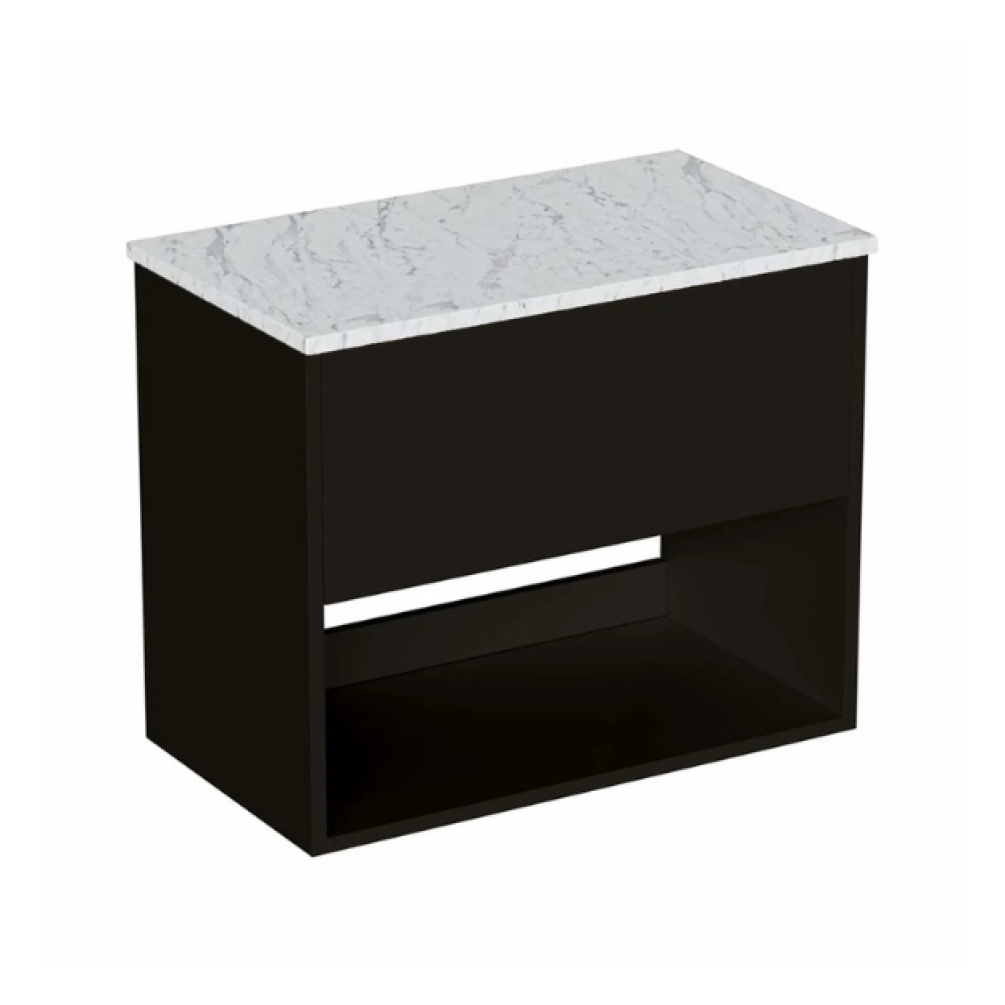 Cut out image of the Britton Hackney Matt Black 700mm Wall Hung Vanity Unit & Carrara Worktop