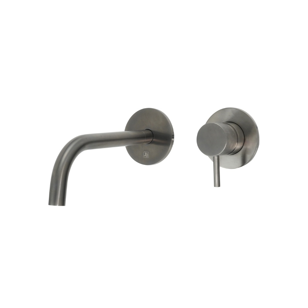 Product Cut out image of the JTP Vos Brushed Black Wall Mounted Slim Basin Mixer with Designer Knurled Handles