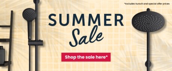 image of a summer sale banner with assorted ideal standard items with yellow background with text saying summer sale and red button for shop the sale
