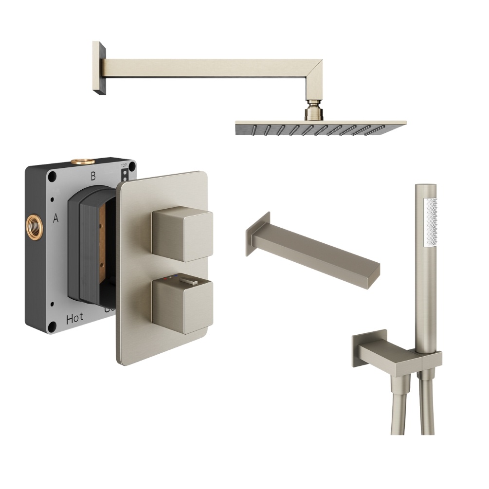 Product Cut out image of the Abacus Square Brushed Nickel 3 Outlet Shower Pack with Bath Spout & Handset