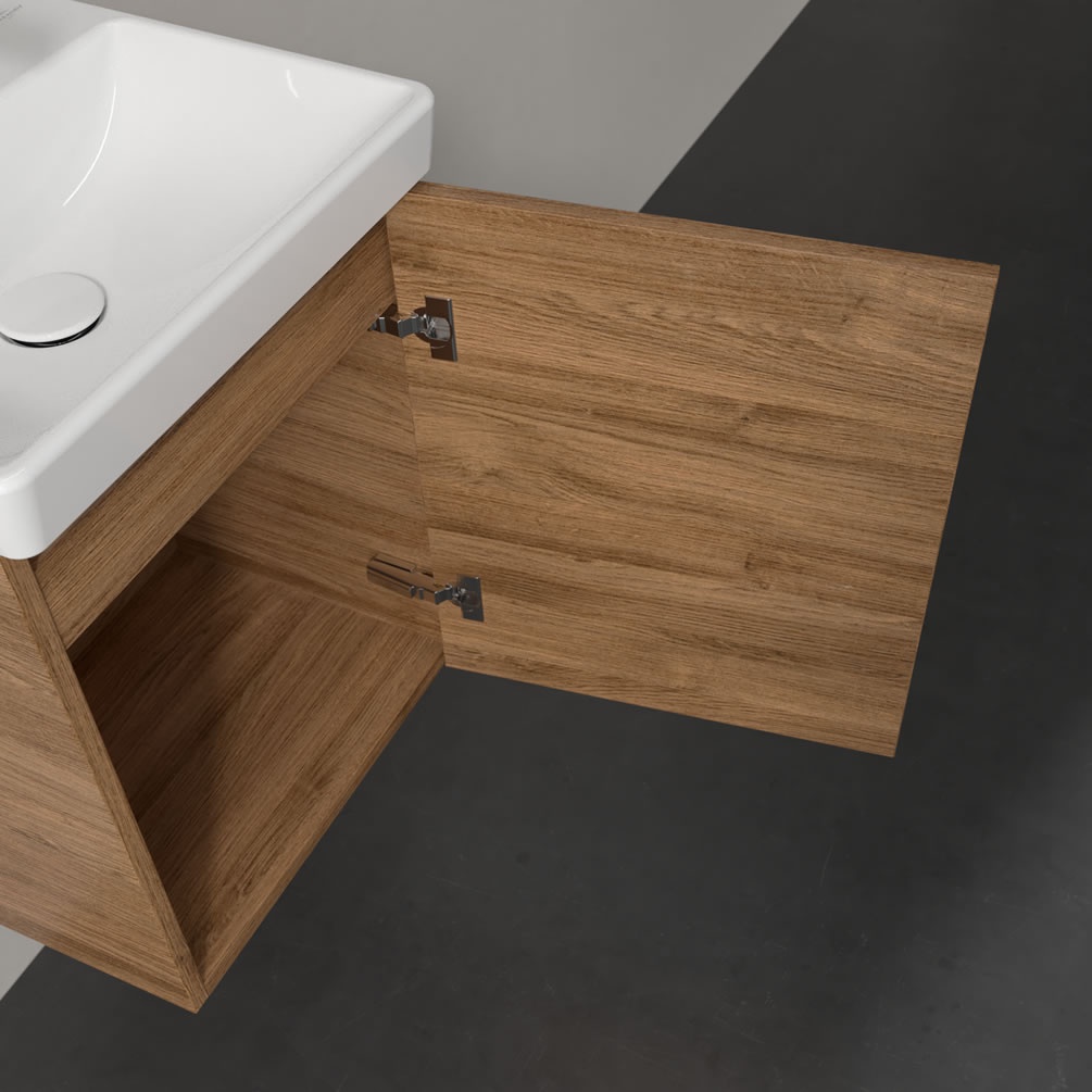 Closeup image of Villeroy & Boch Avento Kansas Oak 450mm Wall-Hung Basin Vanity Unit right handed