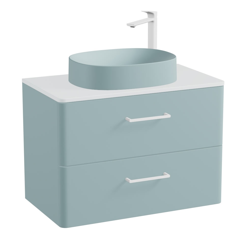 Vado Cameo 800mm Arctic White Wall Hung 2 Drawer Vanity Unit, Arctic Worktop & Cove Blue Basin