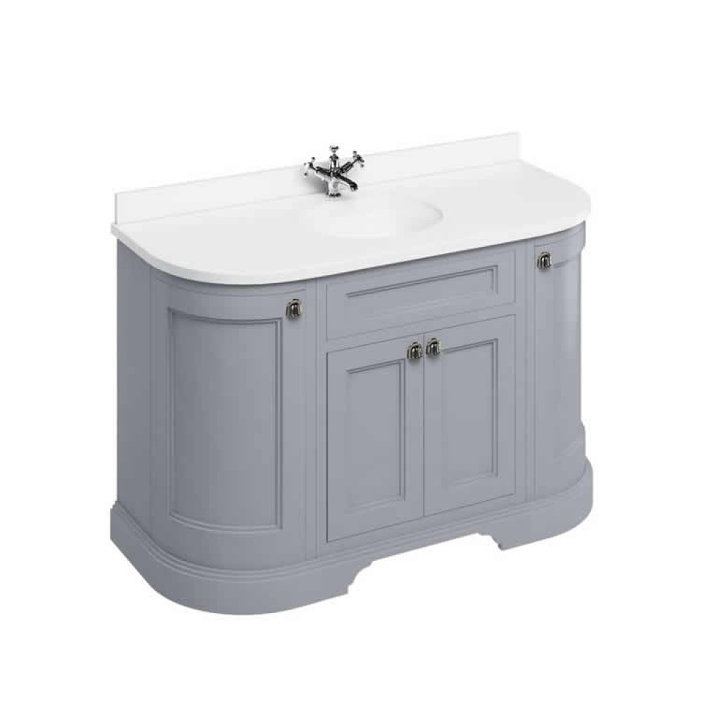 Product Cut out image of the Burlington Minerva 1340mm Curved Worktop & Classic Grey Freestanding Vanity Unit with Doors with white worktop