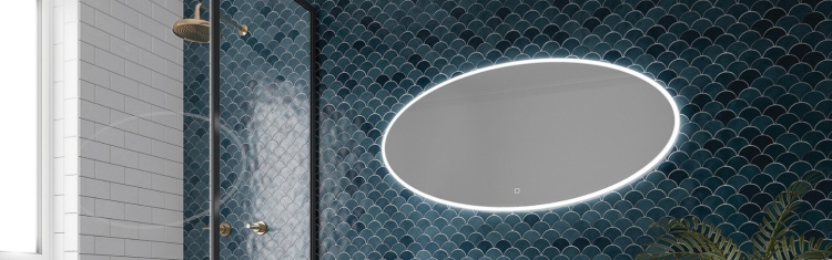 header image for colour temperature changing guide showing illuminated mirror on blue shell tile wall