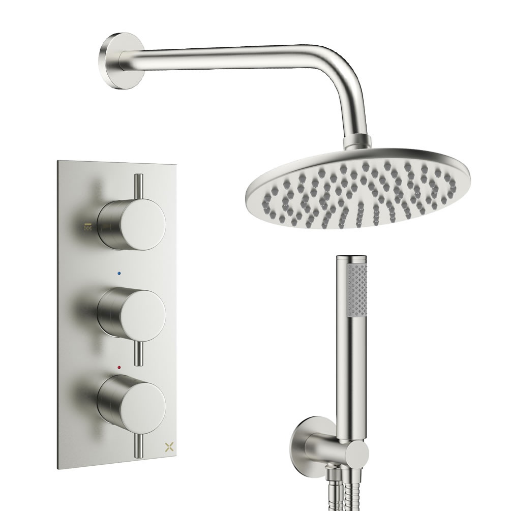 Cutout image of Crosswater Design Brushed Nickel Dual Outlet Three Handle Rainfall Shower Set