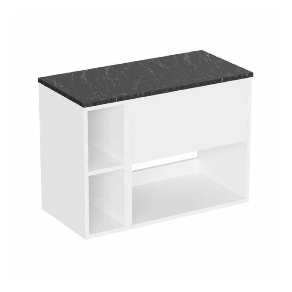 Cut out image of the Britton Hackney Glossy White 800mm Wall Hung Vanity Unit with Marquina Worktop & Shelf Unit