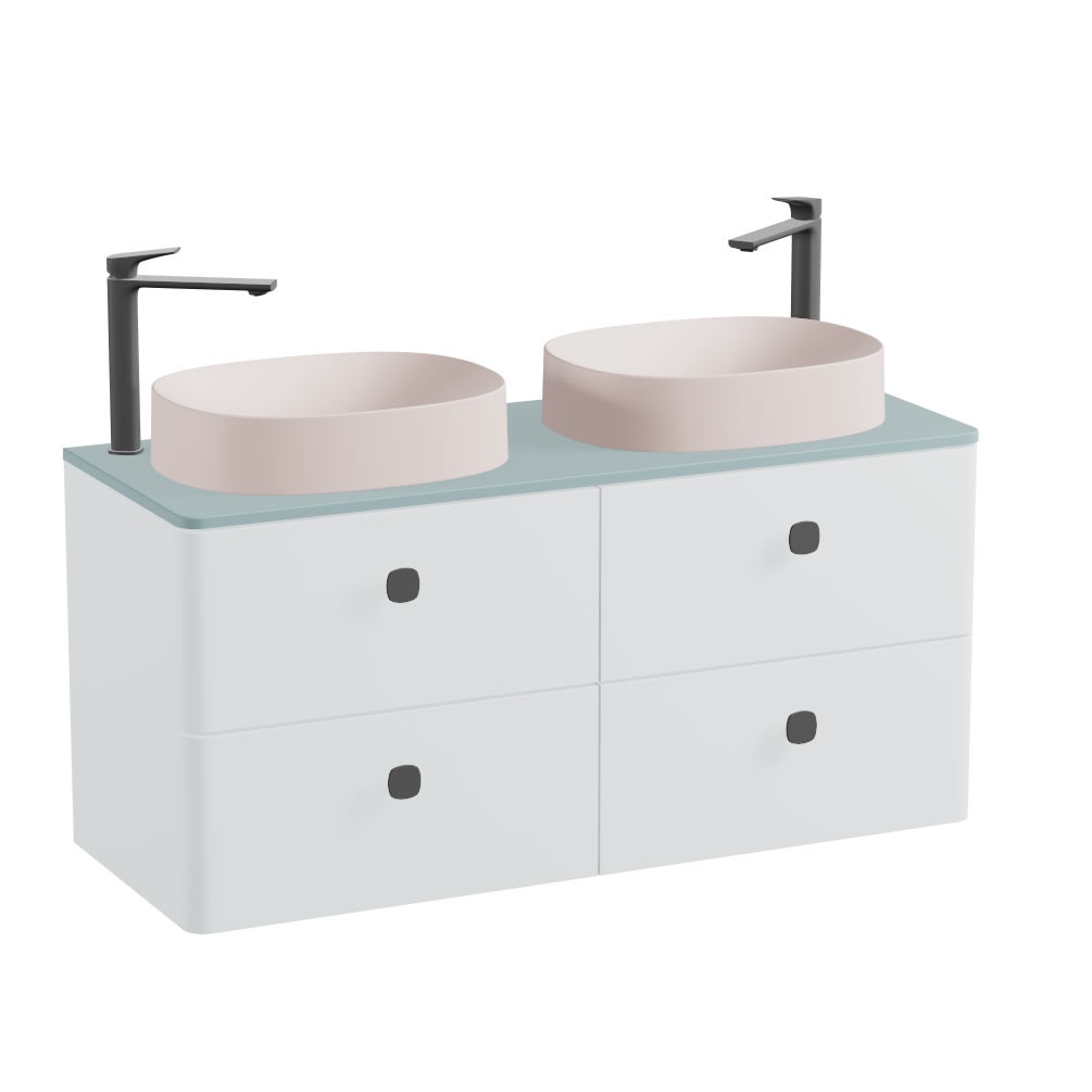 Vado Cameo 1200mm Arctic White Wall Hung 4 Drawer Vanity Unit, Cove Blue Worktop & Pink Oval Basins