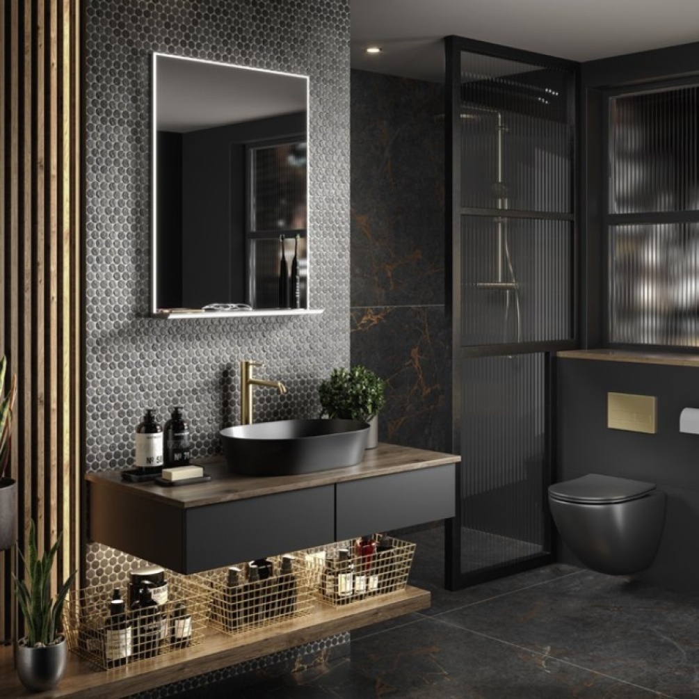 Product Lifestyle image of the HiB Platform 600mm LED Mirror with Charging Shelf
