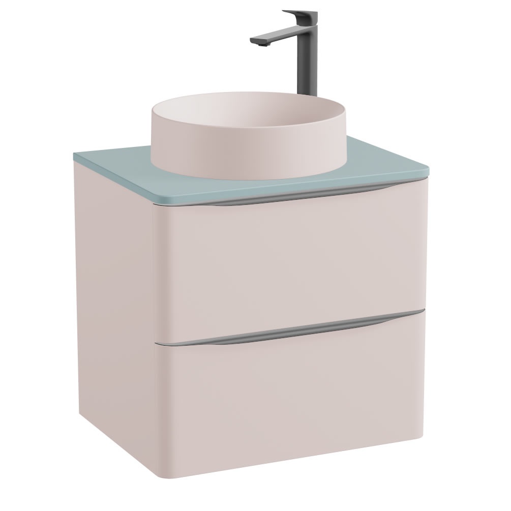 Vado Cameo 600mm Pink Clay Wall Hung 2 Drawer Vanity Unit, Cove Blue Worktop & Pink Basin