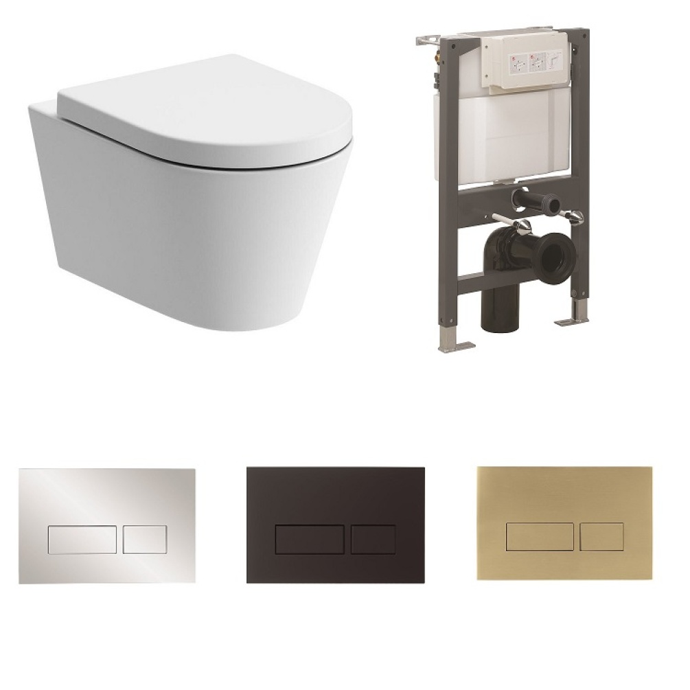 Product cut out bundle image of ZERO 3 Rimless Wall Hung Toilet + Crosswater Wall Hung Toilet Frame + Crosswater MPRO Flush Buttons in variety of colours. ZERO3RWH