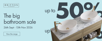image of a double vanity unit and two bowls with pale blue background and text saying big bathroom sale and up to 50% off with britton bathrooms logo