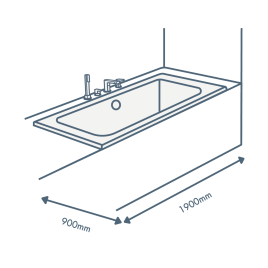 iconography image of a bathtub with 1900mm length text and 900mm width text illustrating this sized bath