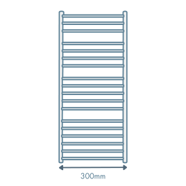 iconography image of a towel radiator with an arrow underneath & text saying 300mm showing 300mm wide bathroom radiators and towel rails