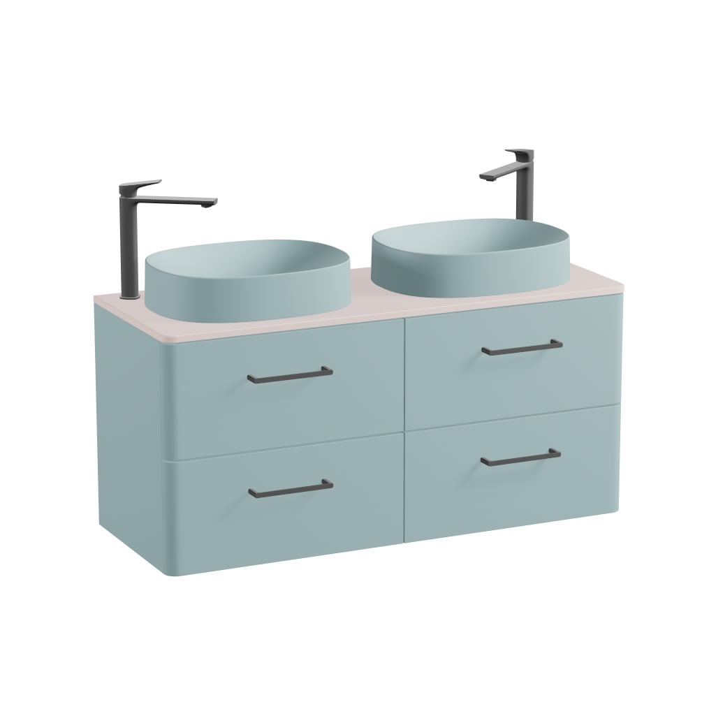 Vado Cameo 1200mm Cove Blue Wall Hung 4 Drawer Vanity Unit, Pink Clay Worktop & Cove Blue Oval Basin