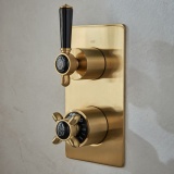 Booth & Co. Axbridge Brushed Brass 2 Outlet 2 Black Handle Shower Valve - Lifestyle Image 1
