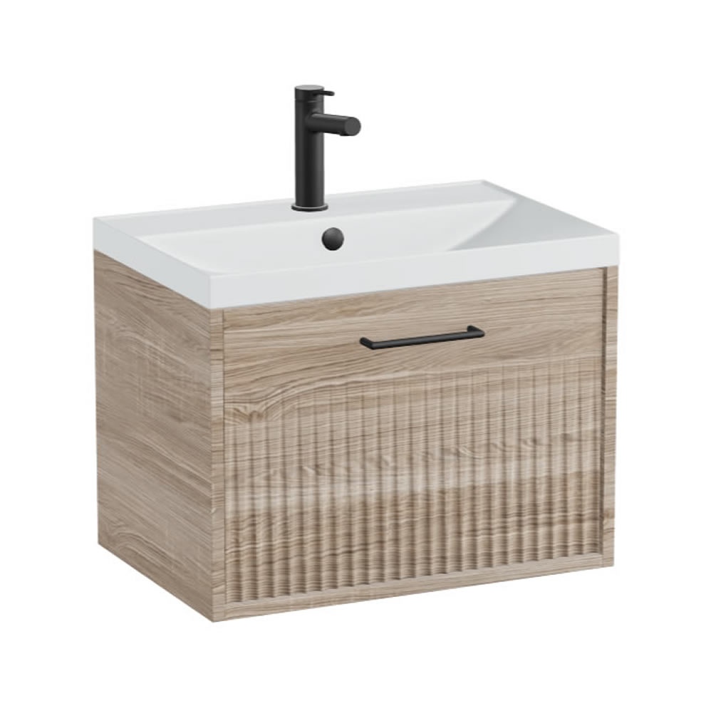 Vado Safari Fluted 600mm Natural Oak Wall Hung Vanity Unit & Mineral Basin