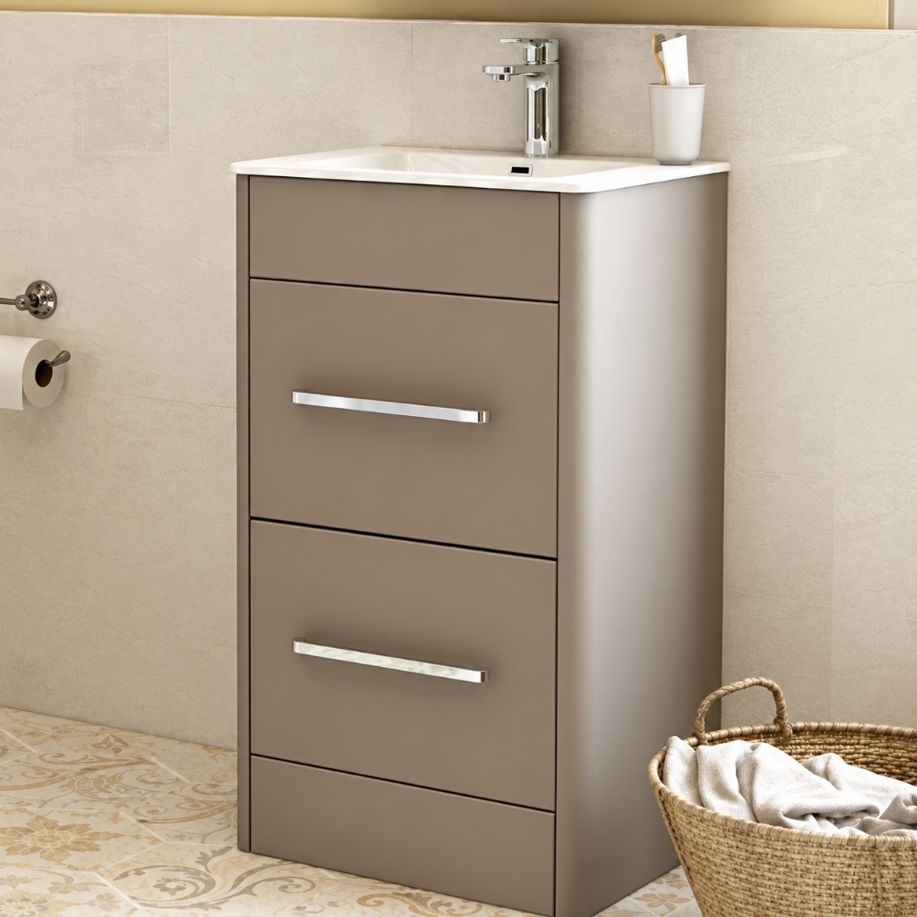Imex Suburb Matt Ash 2 Drawer 600mm x 395mm Freestanding Bathroom Vanity Unit With Basin Lifestyle 2