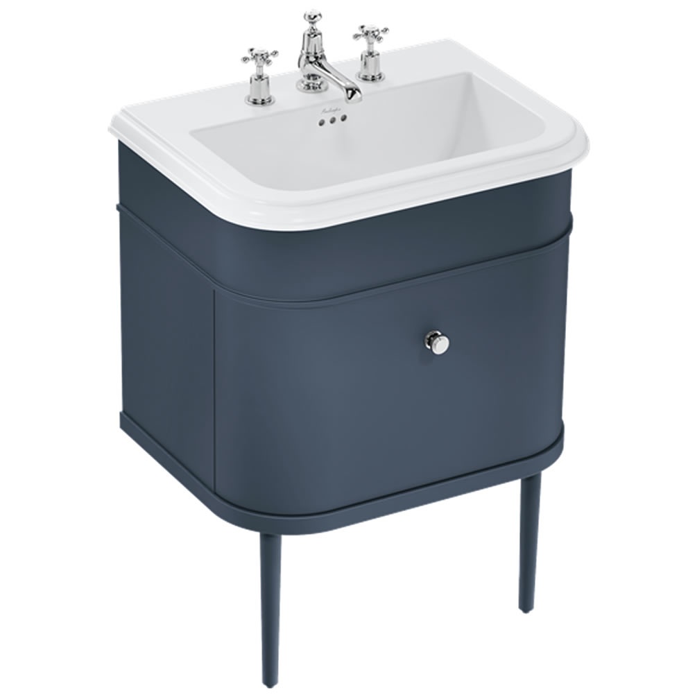 Burlington Chalfont 650mm Ceramic Basin - 3 Tap Holes, Blue Vanity Unit & Legs