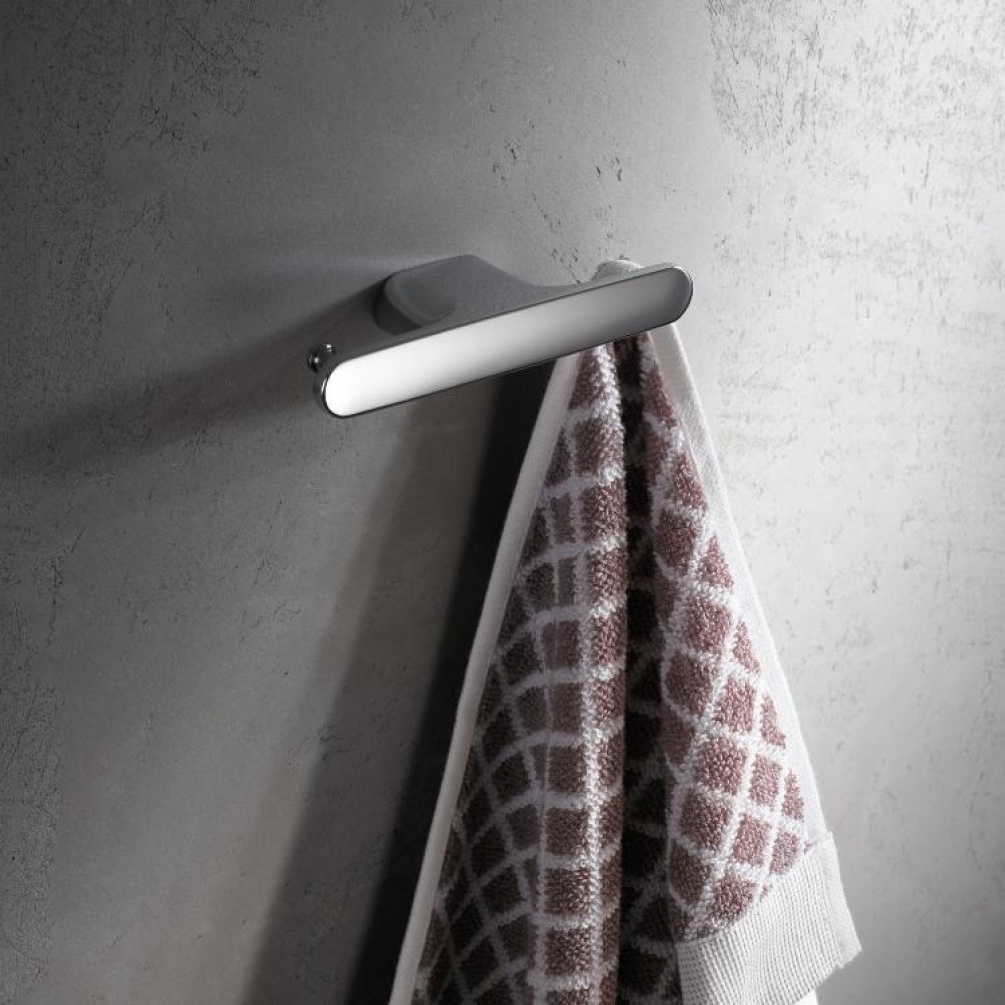 Product Lifestyle image of Keuco Edition 400 Chrome Double Towel Hook 11515 010000 with a towel