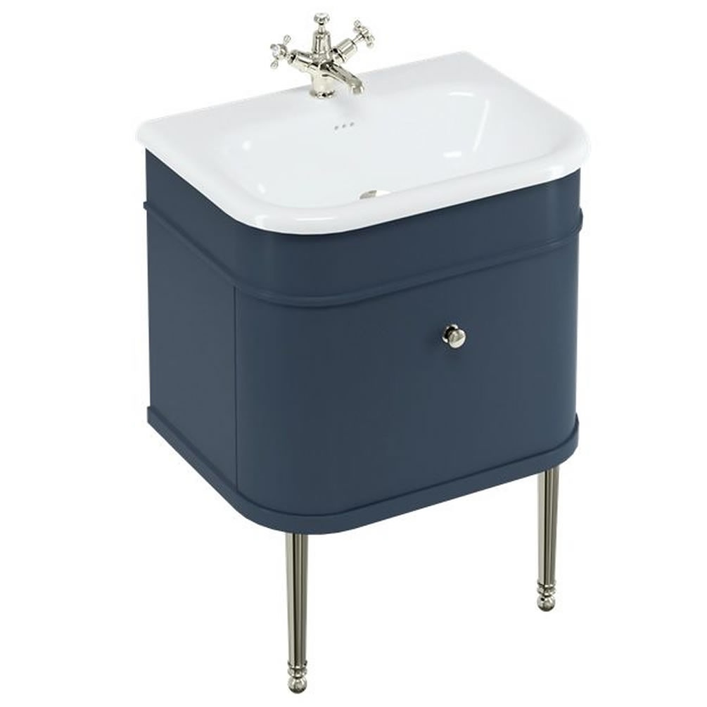 Burlington Chalfont 650mm Ceramic Basin, Blue Wall Hung Unit & Nickel Legs