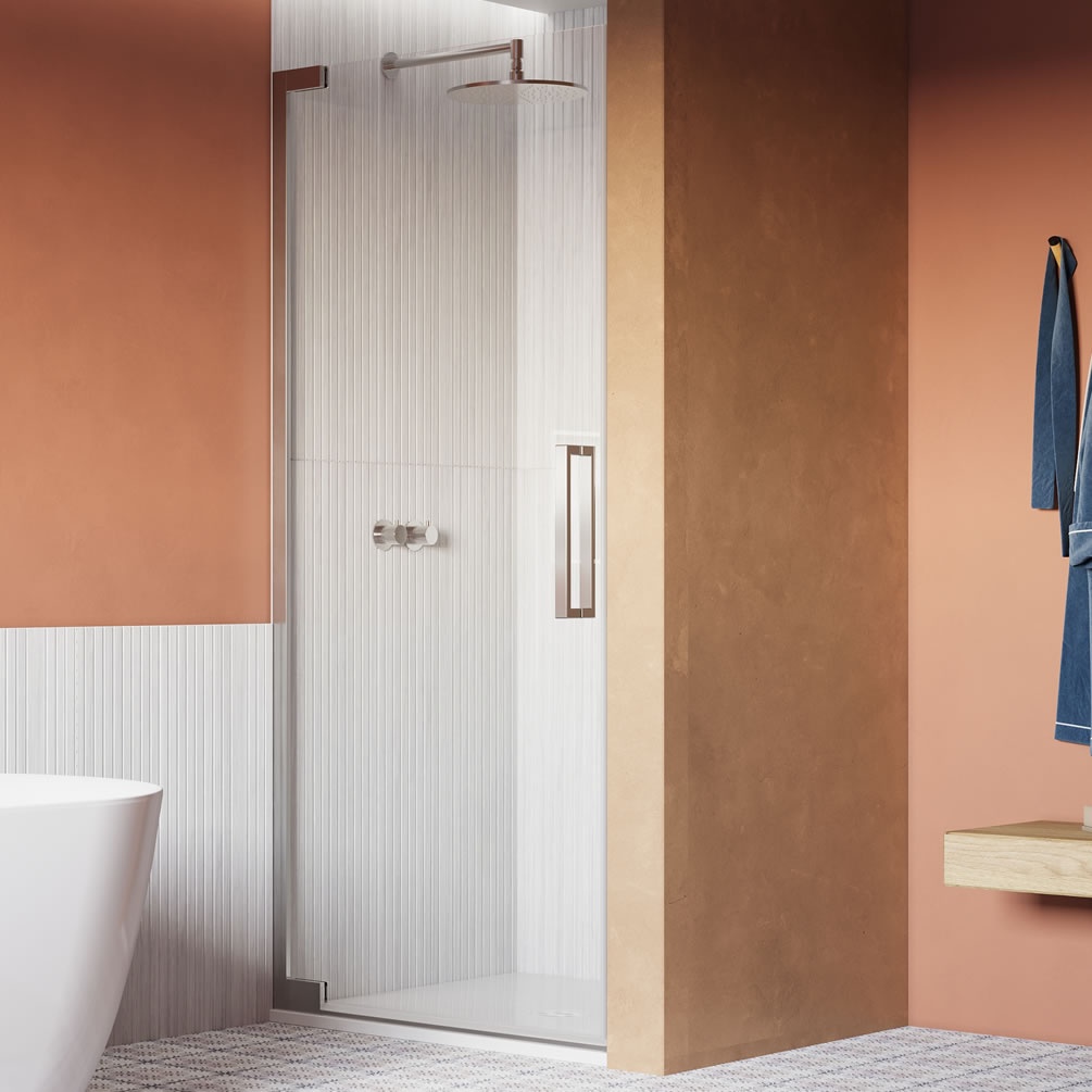 Lifestyle image of Crosswater Asura 8 Polished Stainless Steel 900mm Hinged Shower Door