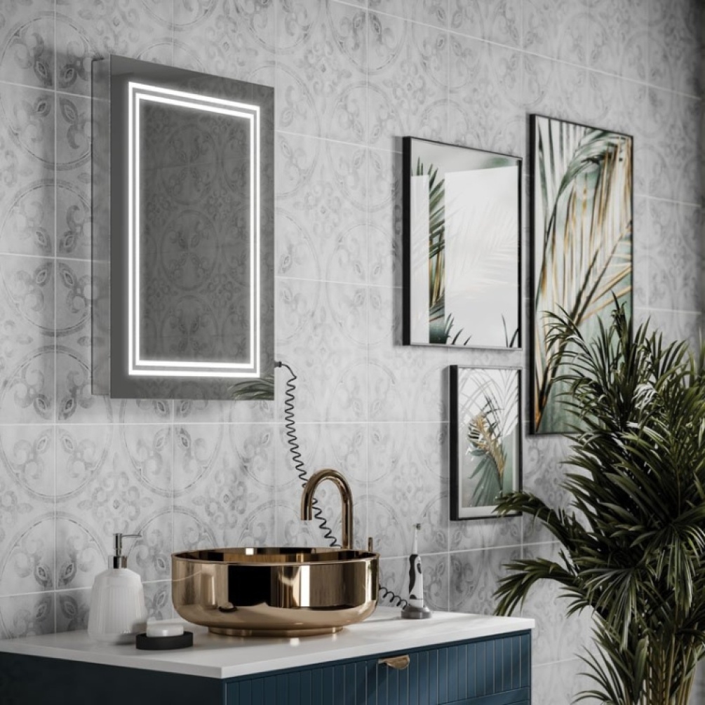 Close up prodcuct lifestyle image of the HiB Boundary 500mm LED Bathroom Mirror with Charging Socket