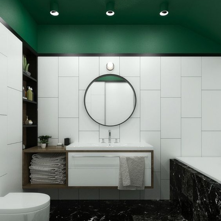 Lifestyle image of a green and white bathroom design, featuring white wall tiles and a green painted ceiling