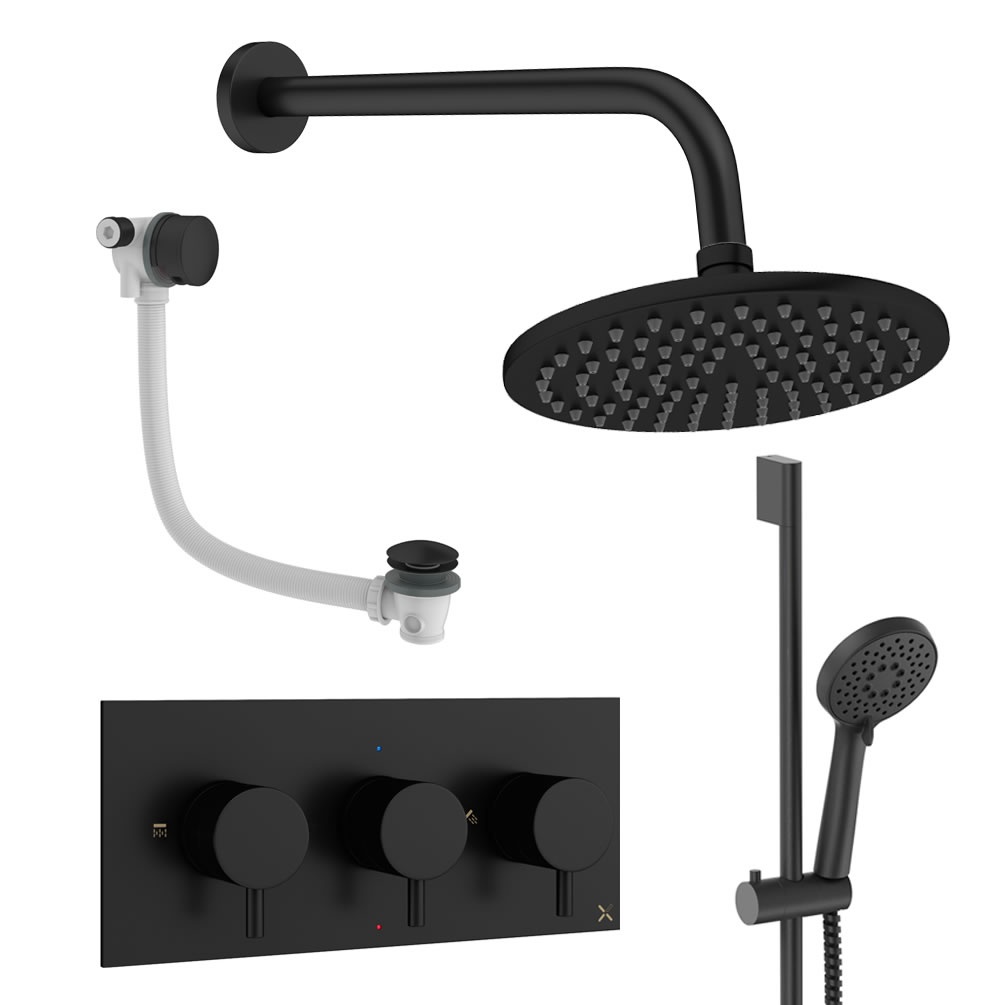 Cutout image of Crosswater Design Matt Black Three Outlet Slide Rail Shower Bath Set