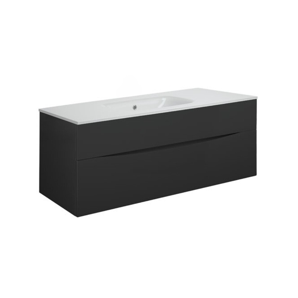Product Cut out image of the Crosswater Glide II Matt Black 1000mm Double Drawer Unit with Ice White Glass 0 Tap Hole Basin