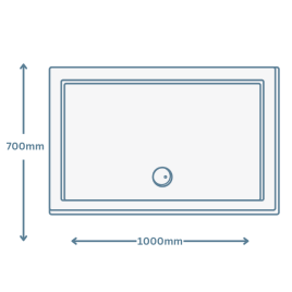 icon image of a 1000mm x 700mm shower tray with dimensions showing length and width of 1000mm and 700mm