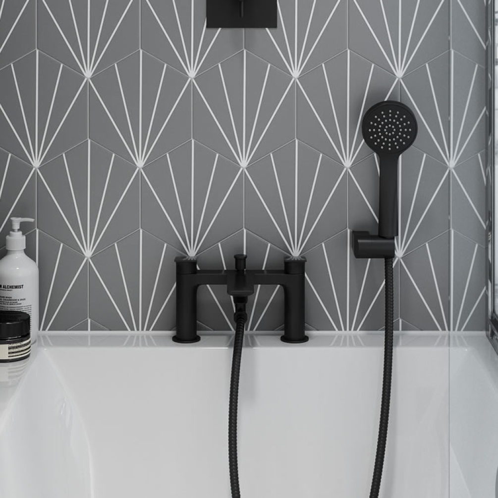 Photo of the Greenwich 2TH Bath Shower Mixer in Matt Black with light grey tiles