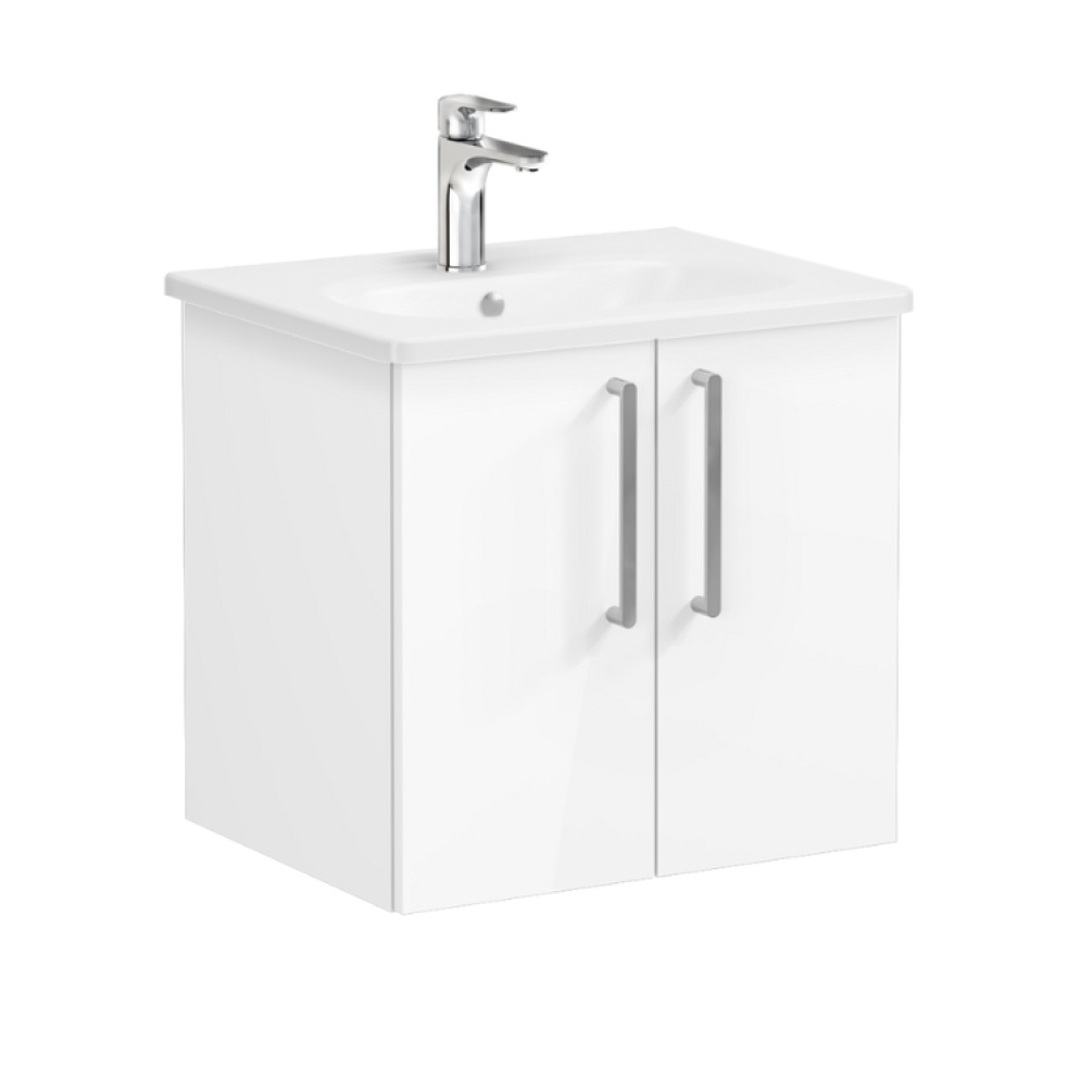 Product Cut out image of VitrA Root Flat White 600mm Washbasin Unit 67872 with chrome handles
