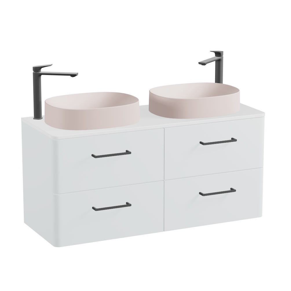 Vado Cameo 1200mm Arctic White Wall Hung 4 Drawer Vanity Unit, Worktop & Pink Oval Basins