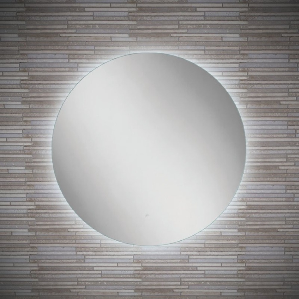 Close up product image of the HIB Theme 600mm Round LED Bathroom Mirror emitting cool white light