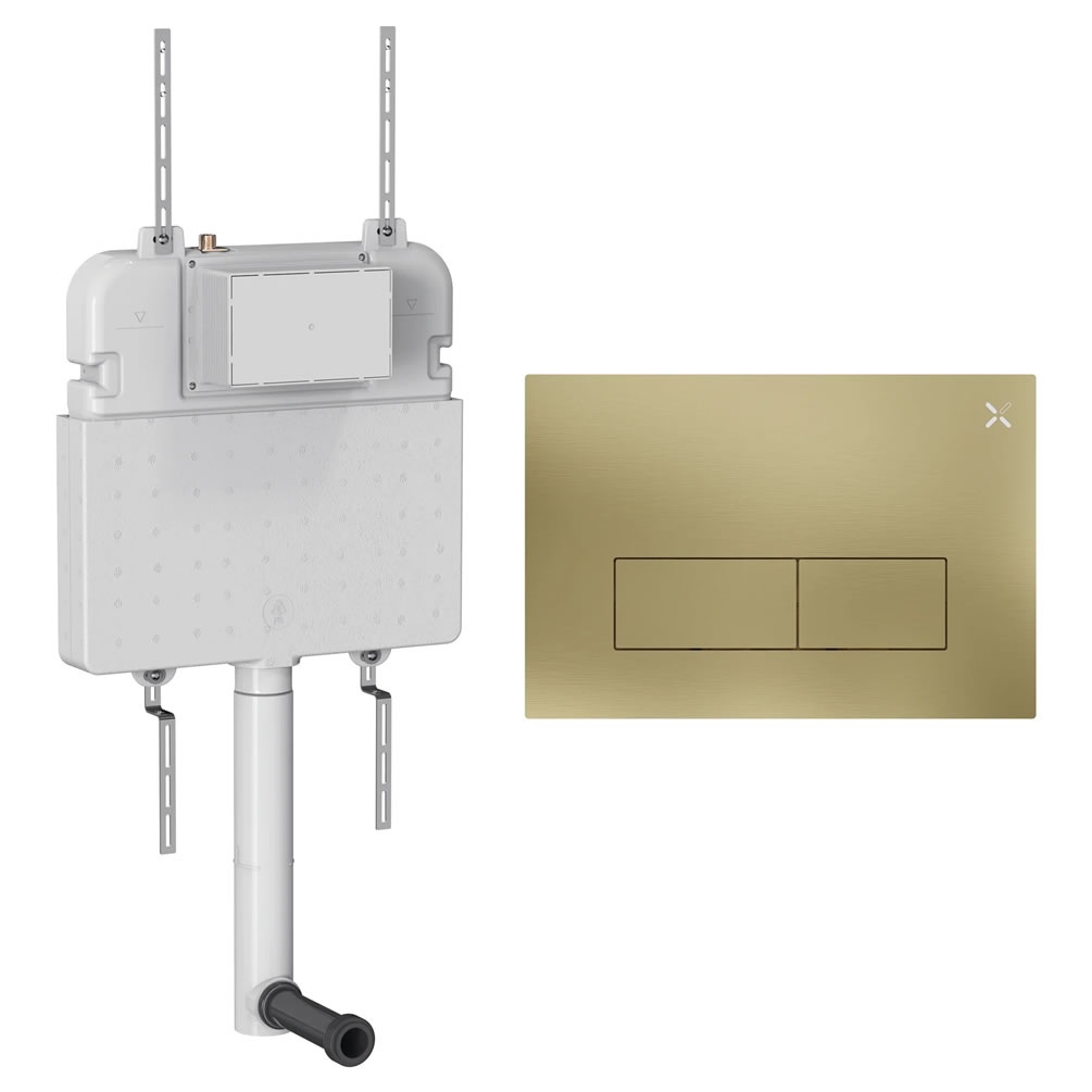 Cutout image of Crosswater 530mm Concealed Back-to-Wall Cistern & MPRO Stainless Steel Brushed Brass Dual Flush Plate