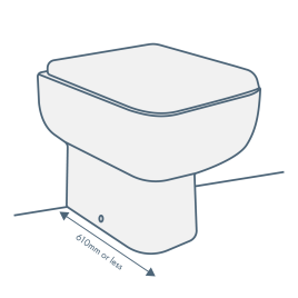 iconography image of a short projection back to wall toilet. The toilet sits fully flush to wall while it has text saying 510mm or less depicting short projection sized