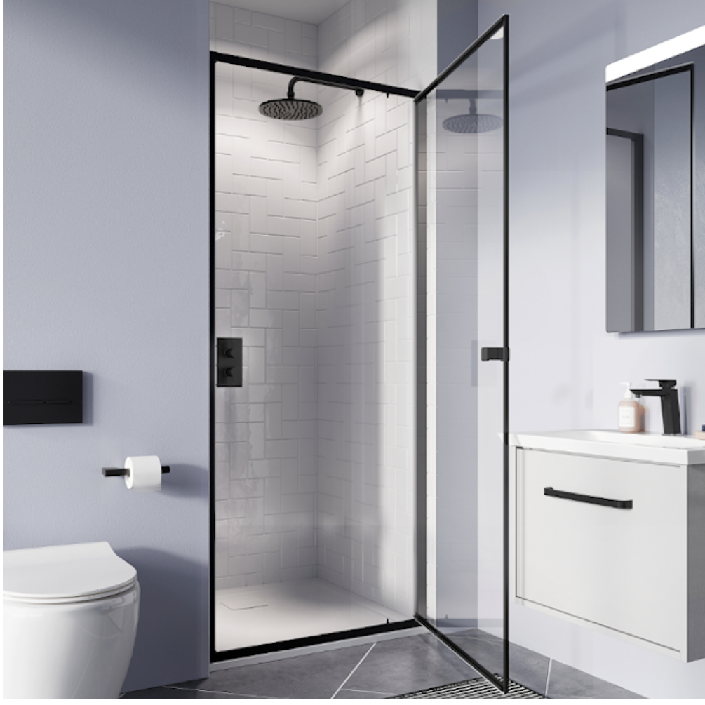 Photo of Crosswater Clear 6 Matt Black Pivot Shower Door in Recess