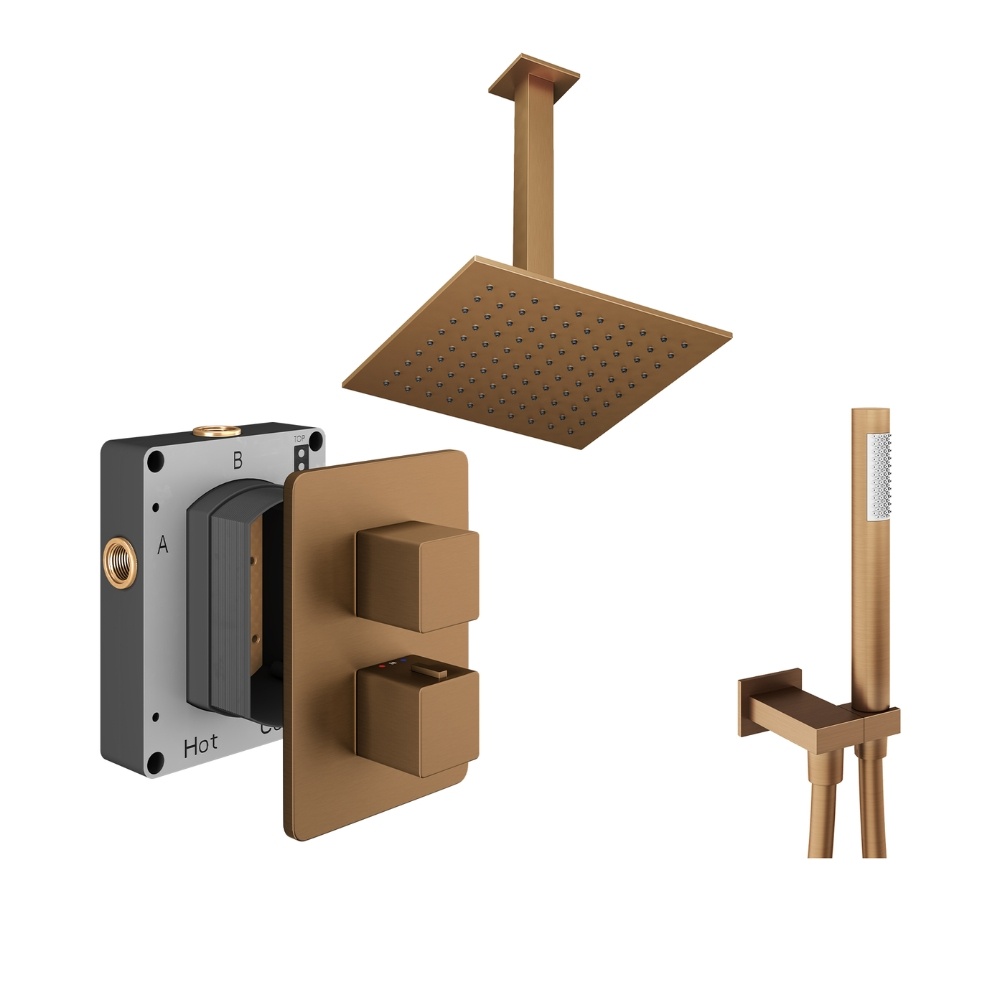 Product Cut out image of the Abacus Square Brushed Bronze 2 Outlet Shower Pack with Ceiling Head & Handset