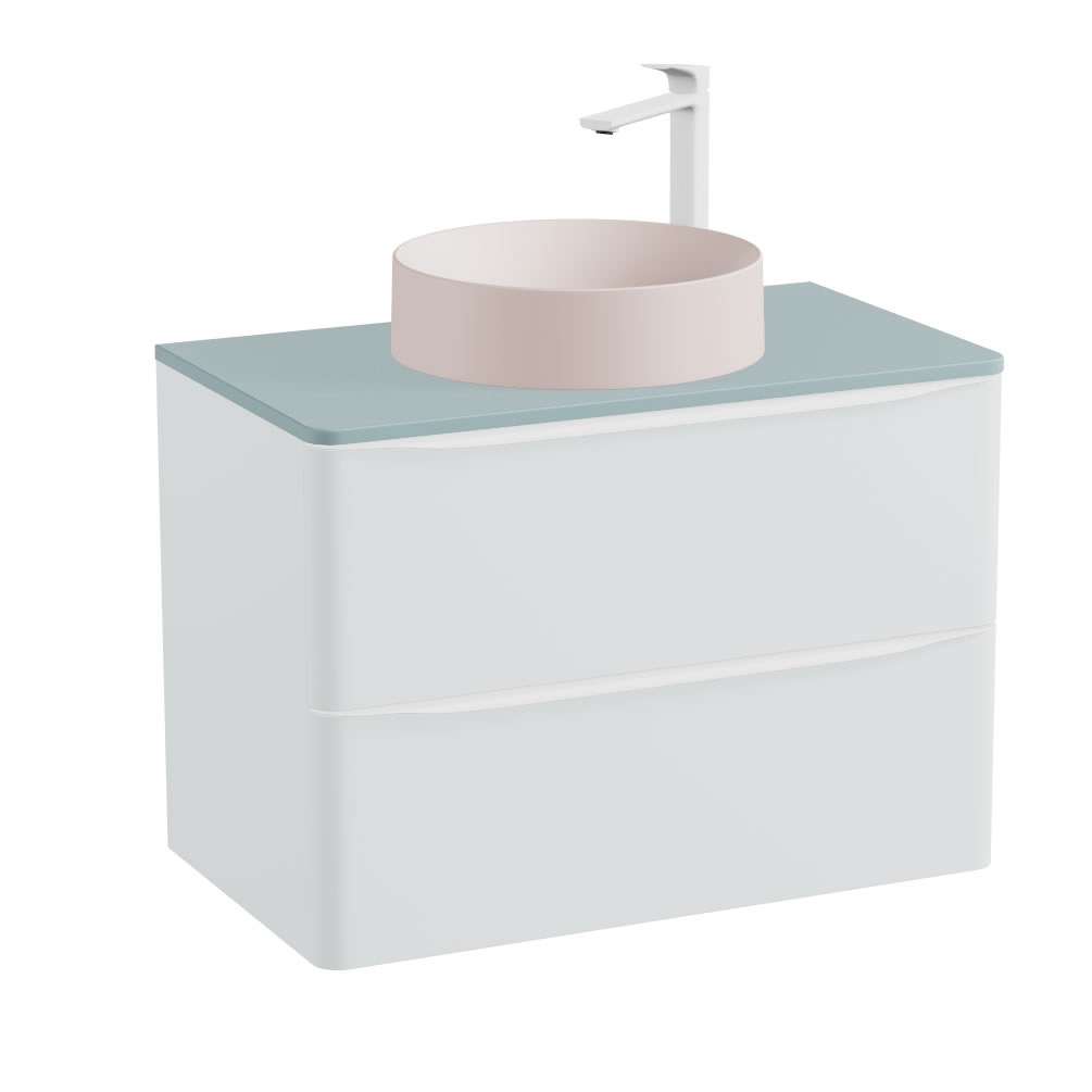 Vado Cameo 800mm Arctic White Wall Mounted Vanity Unit, Cove Blue Worktop & Pink Clay Basin