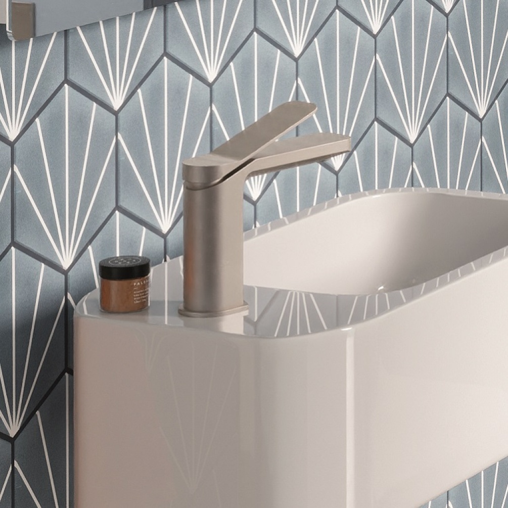 Product Lifestyle Image photo close up of Crosswater Glide II/Glide 2 Brushed Stainless Steel Effect Mono/Monobloc Basin Mixer Tap on white wall mounted basin GD110DNV