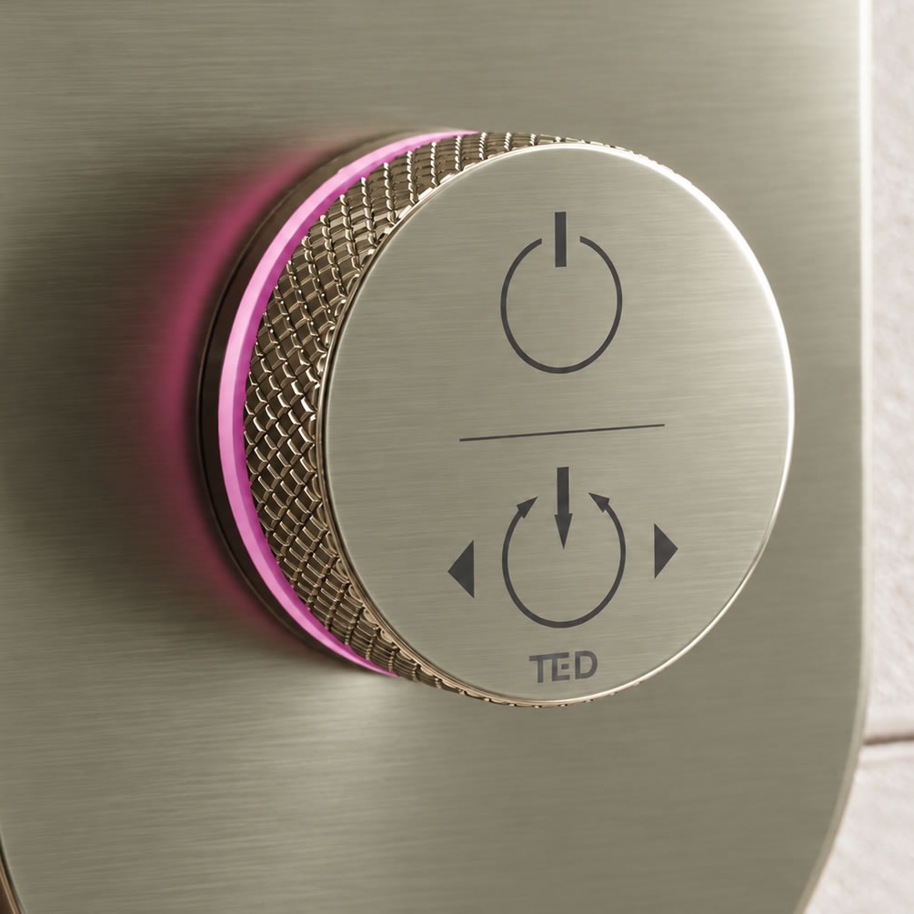 Closeup image of TED TOGO brushed nickel knurled handle upgrade