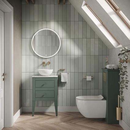 Lifestyle image of Crosswater Canvass Sage Green Floor-Standing Vanity Unit with Marble Worktop