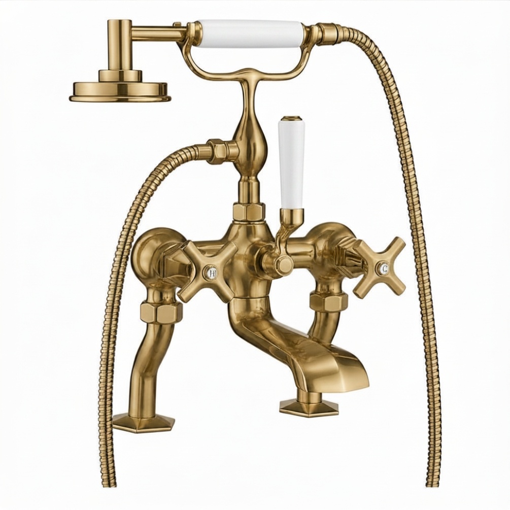 Cut out image of the Crosswater Waldorf Brushed Brass Deck Mounted Crosshead Bath Shower Mixer
