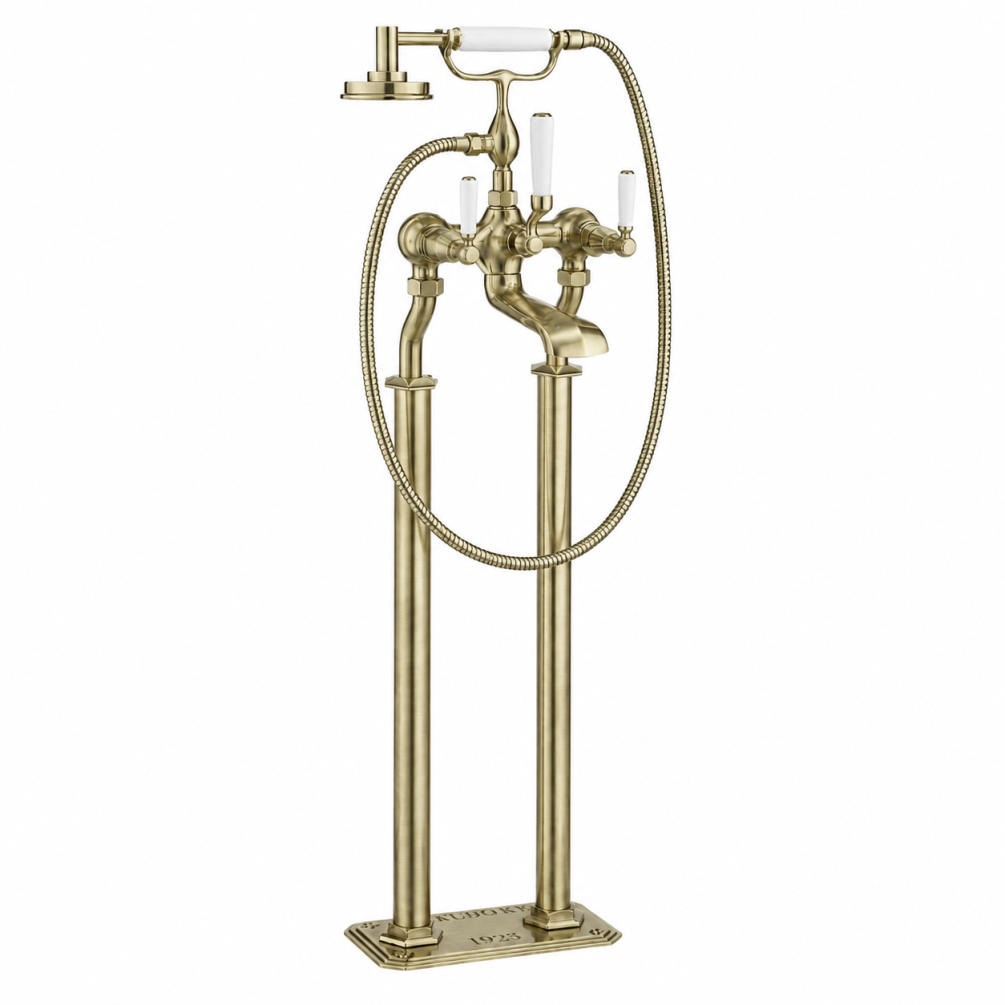 Cut out image of the Crosswater Waldorf Brushed Brass Freestanding White Lever Bath Shower Mixer