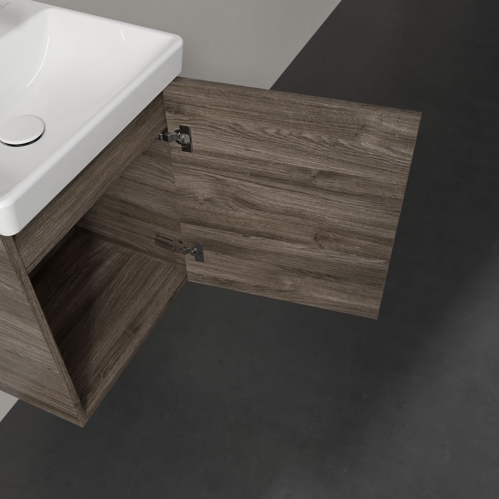 Closeup image of Villeroy & Boch Avento Stone Oak 450mm Wall-Hung Basin Vanity Unit right sided