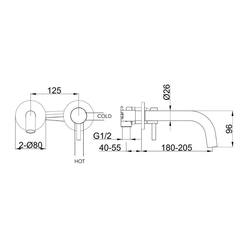 Product Specifications image of the JTP Vos Brushed Black 200mm Bath/Basin Spout