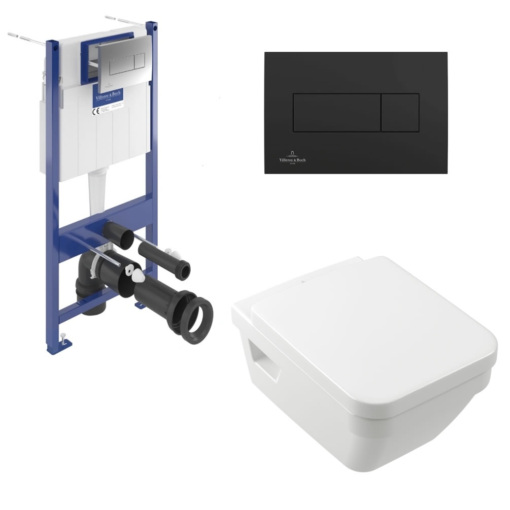 Cutout image of Villeroy & Boch Architectura Square Wall-Hung Toilet, Concealed Cistern Frame & Matt Black Flush Plate
