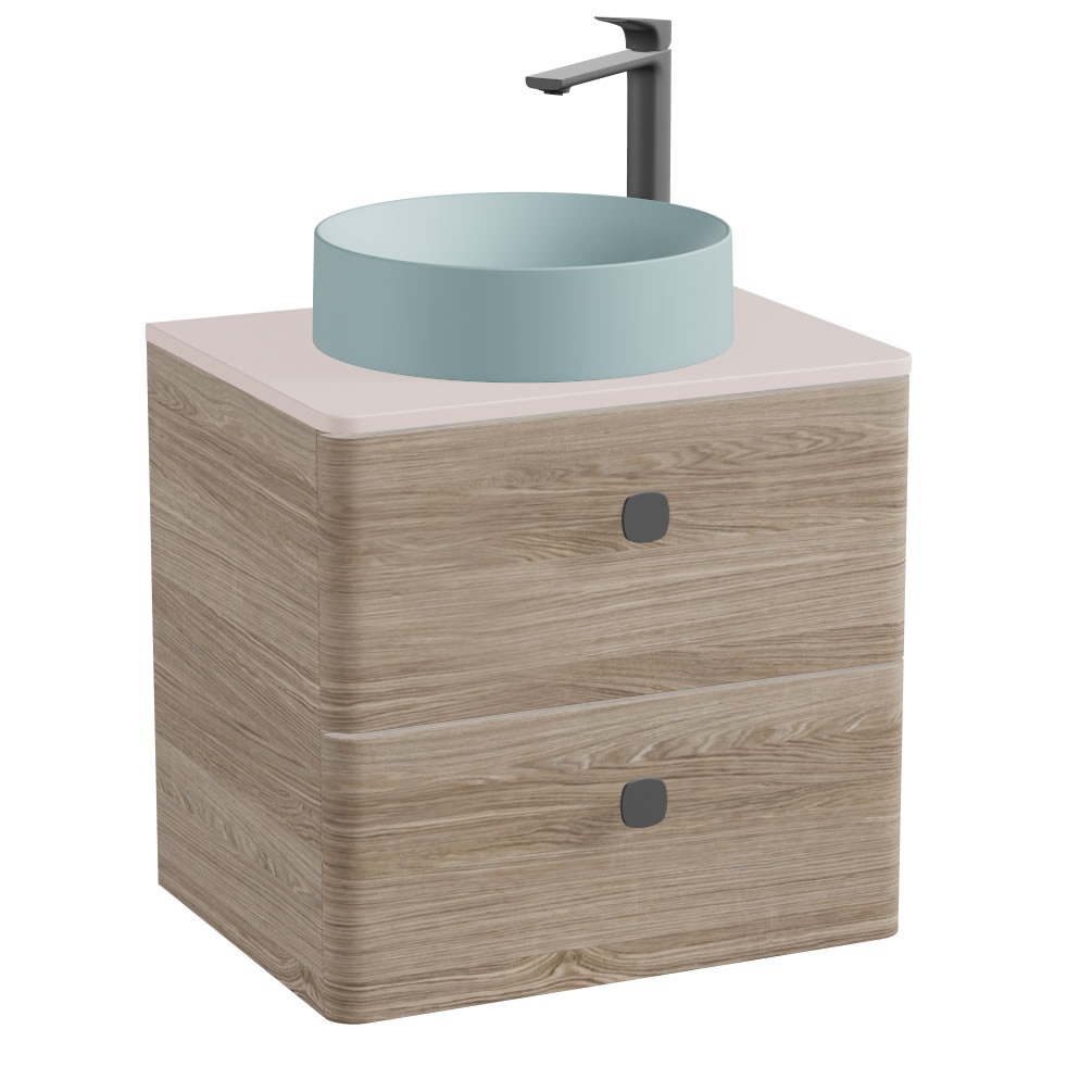 Vado Cameo 600mm Natural Oak Wall Hung Vanity Unit, Pink Clay Worktop & Cove Blue Basin