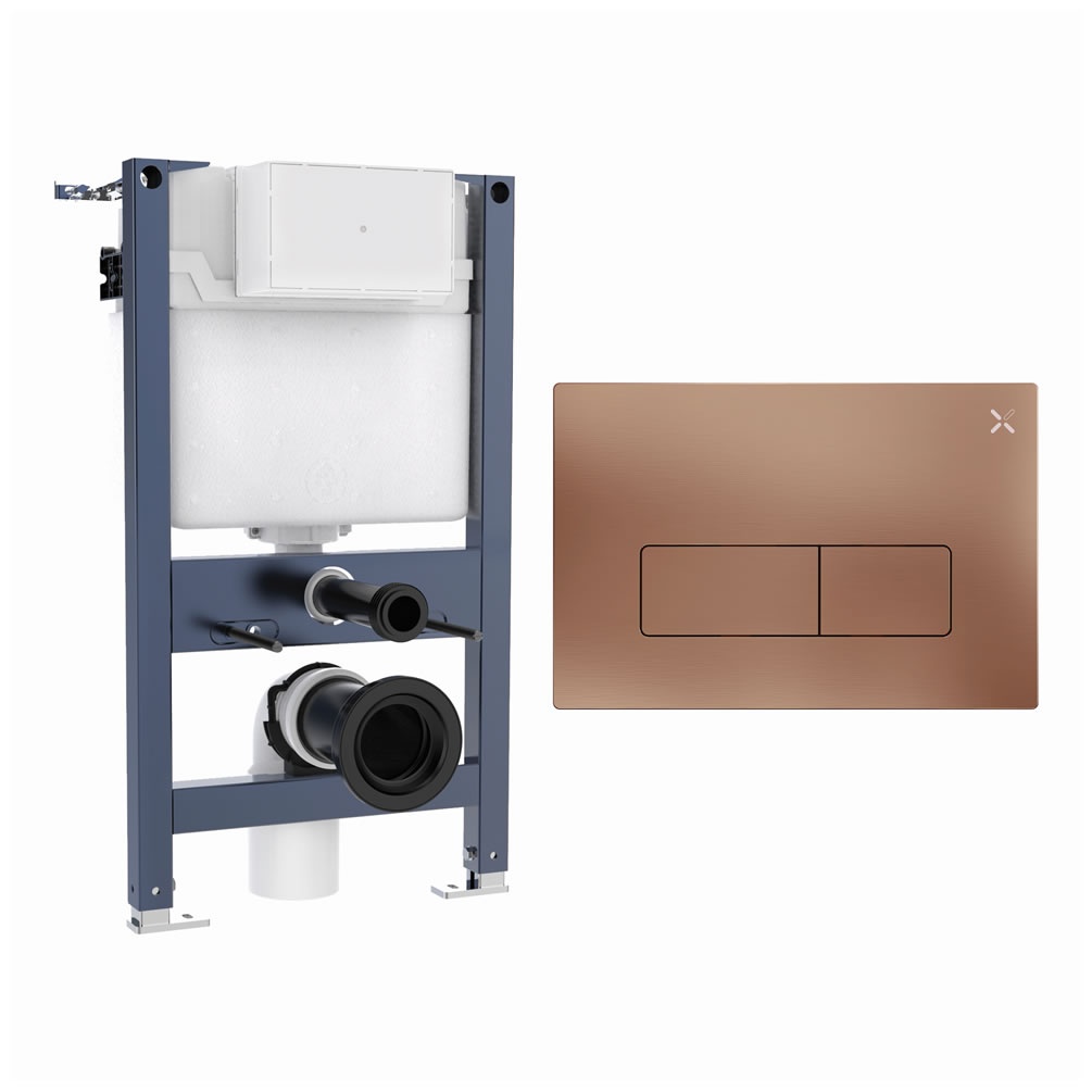 Cutout image of Crosswater 820mm Wall-Hung Cistern Frame & MPRO Brushed Bronze Dual Flush Plate