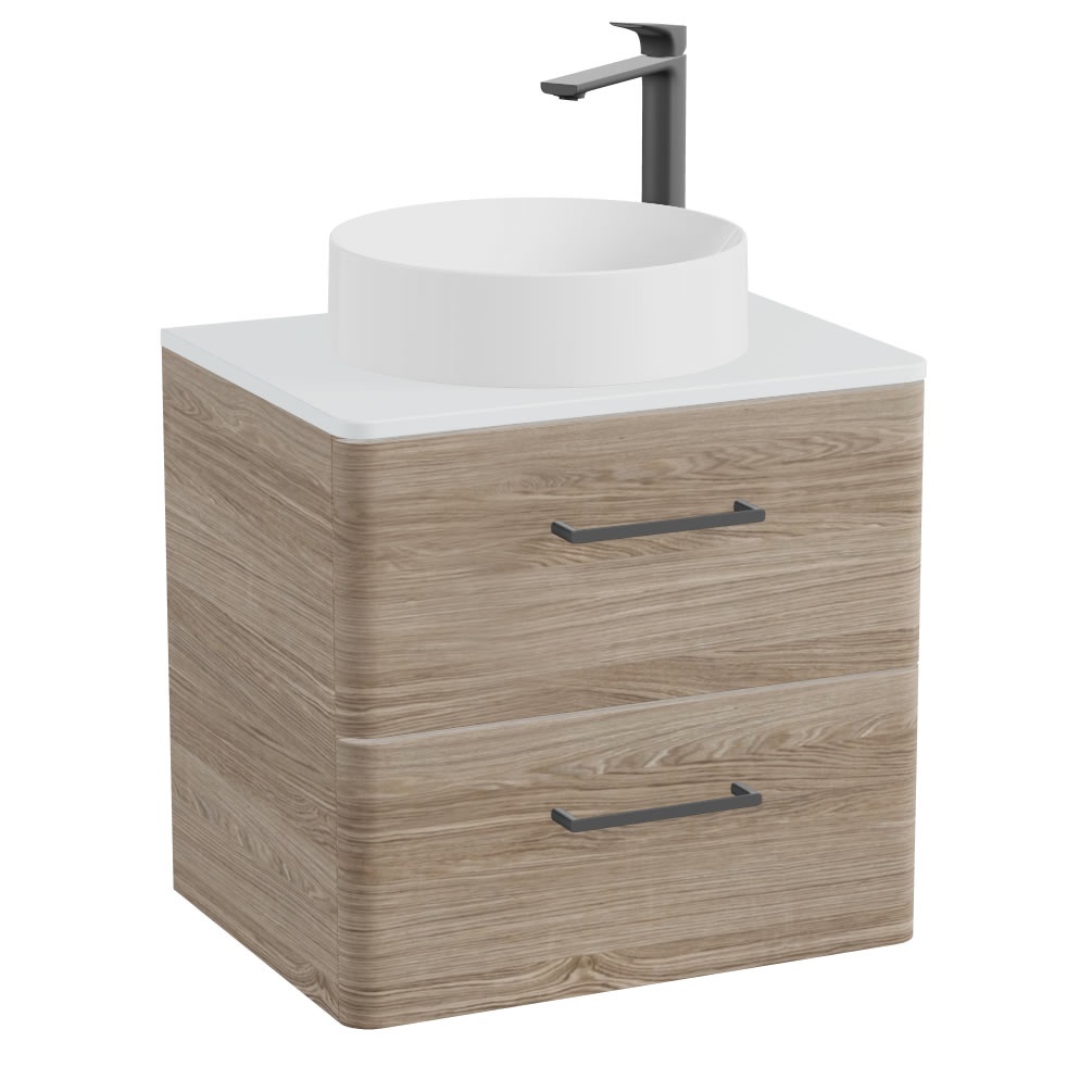 Vado Cameo Natural Oak 600mm Wall Hung Vanity Unit, Arctic Worktop & Gloss White Basin